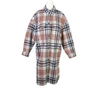 ZARA grey and navy blue plaid faux wool knit mid length coat S